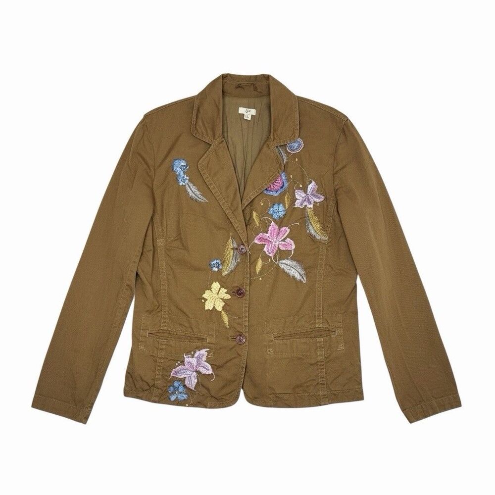 J Jill Embroidered Khaki Button Front Jacket Floral S bv